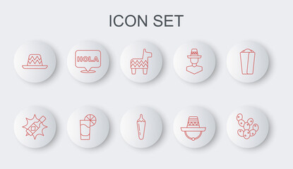 Set line Cactus, Tabasco sauce, Pinata, Mexican sombrero, Hola, Tequila glass with lemon and Hot chili pepper pod icon. Vector © vector_v
