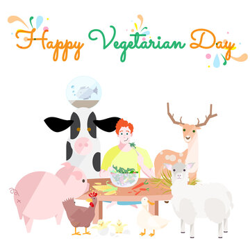 Happy World Vegetarian Day Cute Vector A Man Eating With Animals 