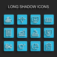 Set line Tractor, Watering can, Roll of hay, Little chick cracked egg, Bag flour, Farm house, Pig and Garden hose icon. Vector