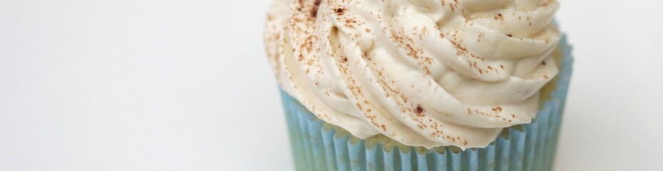 vanilla cream cupcake with chocolate powder and cyan paper liner background banner