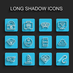 Set line Retractable cord leash, Cat scratching post, Canned food, Heart with dog, Pet cat toy, Dog collar, Shit and Bag of for pet icon. Vector