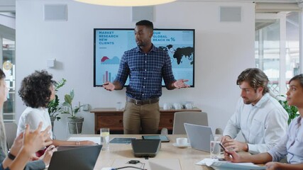 business people meeting in boardroom african american team leader man presenting financial strategy with graph data on tv screen briefing colleagues discussing ideas in office presentation - Powered by Adobe