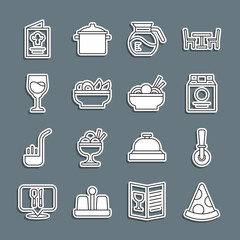Set line Slice of pizza, Pizza knife, Online ordering and delivery, Coffee pot, Nachos plate, Wine glass, Cookbook and Asian noodles bowl icon. Vector