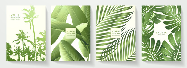 Tropical cover design set with green leaves, palm tree pattern. Exotic floral vector background for brochure, menu summer sale template, eco poster