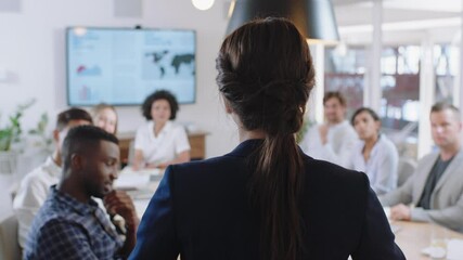 rear view business woman executive meeting with colleagues in boardroom sharing leadership ideas discussing management strategy briefing shareholders in office 4k