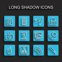 Set line Paper glass with water, Championship tournament bracket, Planning strategy, Hotdog sandwich, Baseball bat, Award cup baseball, and Monitor game icon. Vector