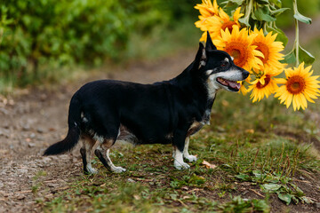 black short-haired dog mongrel stands in full growth on anatural background