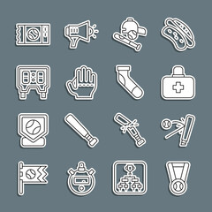 Set line Medal with baseball ball, Baseball bat, First aid kit, hat, glove, mechanical scoreboard, ticket and sock icon. Vector