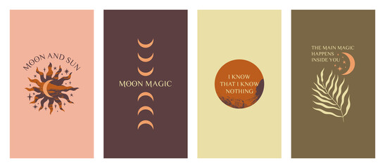 Collection of nature boho abstract mystical poster format illustrations, bohemian hand drawn style. Animal print design, floral objects. © Knstart Studio