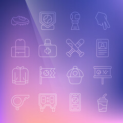 Set line Paper glass with water, Planning strategy, Baseball card, Award cup baseball, First aid kit, Sport bag, boot and Crossed bat icon. Vector