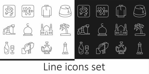 Set line Mosque tower or minaret, Tropical palm tree, Shirt kurta, Muslim, Oil pump pump jack, Speaker mute, and No Smoking icon. Vector