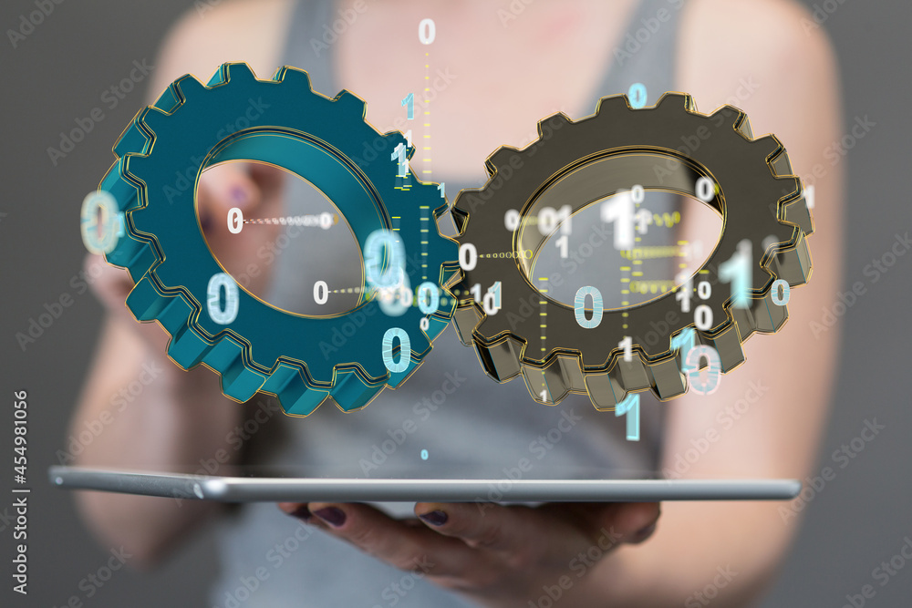 Poster Cogs and gear wheel mechanisms. Hi-tech digital technology and engineering. Abstract technical background..