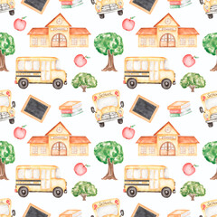 Watercolor  hand drawn school supplies seamless pattern,Bus, transport, tree, school-house apple, Book, Kids School Supply,  Stationery repeat paper, Education Pattern, Baby print