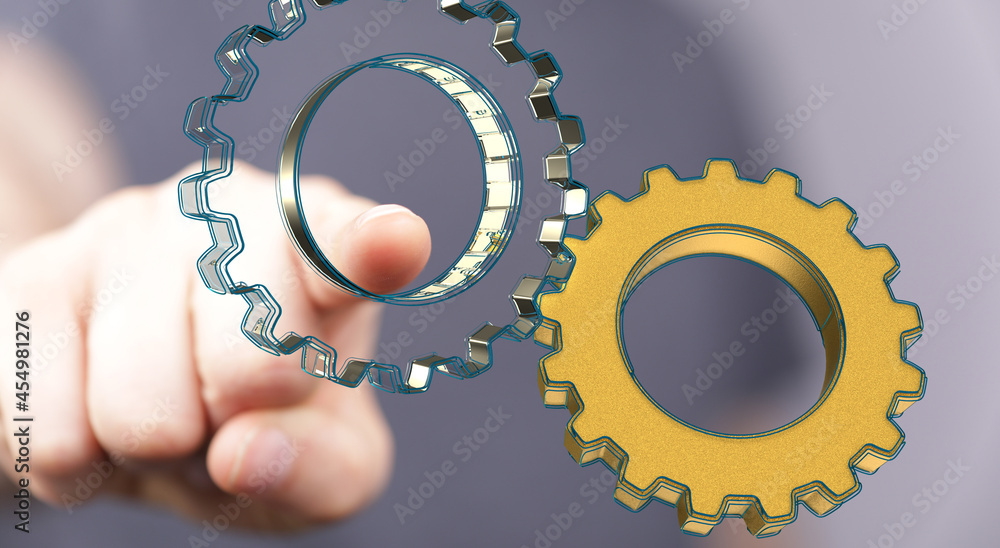 Poster Cogs and gear wheel mechanisms. Hi-tech digital technology and engineering. Abstract technical background..