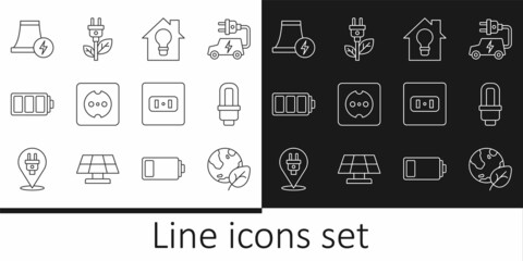 Set line Earth globe and leaf, LED light bulb, Smart house, Electrical outlet, Battery, Nuclear power plant, and saving plug in icon. Vector