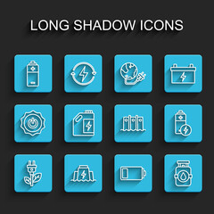 Set line Electric saving plug in leaf, Hydroelectric dam, Battery, Propane gas tank, Eco fuel canister, and icon. Vector