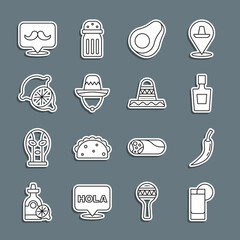 Set line Tequila glass with lemon, Hot chili pepper pod, bottle, Avocado fruit, Mexican sombrero, Lime, Mustache and icon. Vector