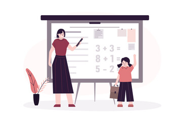 Back to school. Cartoon female teacher in front of blackboard explaining example to girl pupil. Concept of teaching and learning in classroom