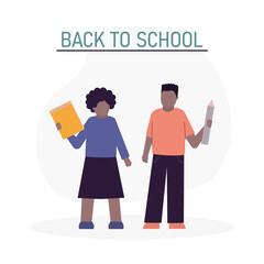 Back to school. Happy multicolored kids standing. African American pupils holding pencil and book. Cartoon black children. Concept of studying and learning