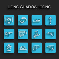 Set line Circular saw blade, Electric circular, sander, drill machine, jigsaw, cordless screwdriver and Paint spray gun icon. Vector