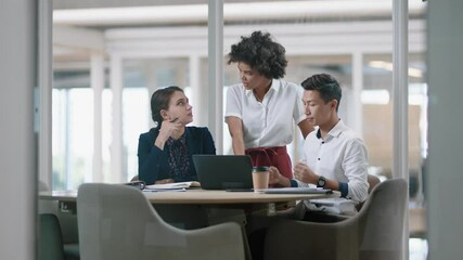 business woman team leader training interns using laptop computer pointing at screen sharing creative ideas helping colleagues discussing project teamwork in modern office 4k