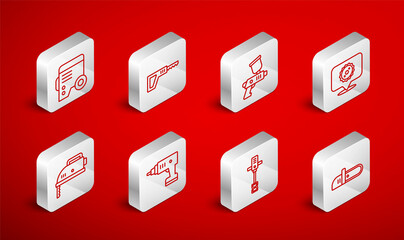 Set line Chainsaw, Reciprocating, Paint spray gun, Circular blade, Electrical hand concrete mixer, Power electric generator, cordless screwdriver and jigsaw icon. Vector