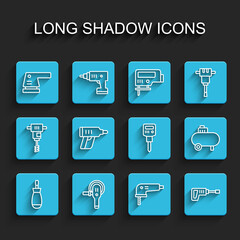 Set line Screwdriver, Angle grinder, Electric sander, jigsaw, Rotary hammer drill machine, cordless screwdriver, Air compressor and Construction jackhammer icon. Vector
