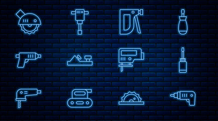 Set line Electric cordless screwdriver, Screwdriver, Construction stapler, Wood plane tool, circular saw, jigsaw and jackhammer icon. Vector