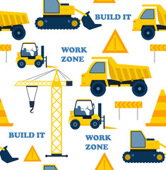 Set of construction machinery at work zone. Build it background template for textile, fashion, wrapping paper, graphic tees. Flat vector cartoon illustration concept