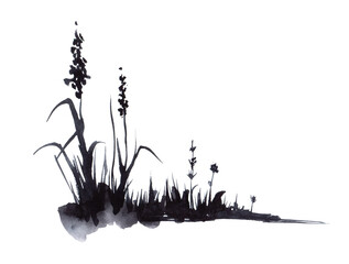 Hand drawn watercolor illustration. The lower corner border is a decorative element. Dry black stems of flowers and ears of grass, Simple light sketch drawing. Isolated on white background