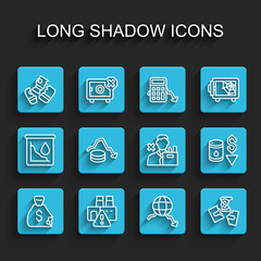 Set line Money bag, Shutdown of factory, Credit card, Global economic crisis, Tearing money banknote, Dollar rate decrease, Drop crude oil price and Employee dismissal icon. Vector