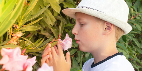 boy with hat sniffing pink oleander flowers in the garden