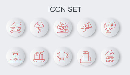 Set line Cloud with rain, Pilot, Plane crash, Metal detector airport, Passenger ladder, Storm, Scale suitcase and Airship icon. Vector