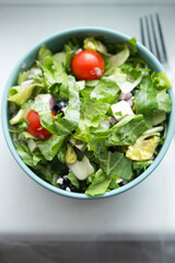 Greek salad with lettuce, tomatoes, black olives, feta cheese. 