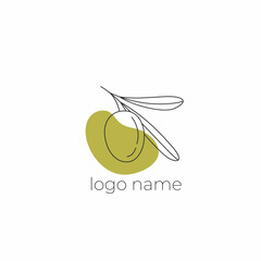 Logo of olives on a branch . Modern logo in line style on color spot. Minimalistic floral vector illustration. Elegant sign for canned olives, olive oil, olive plantation.