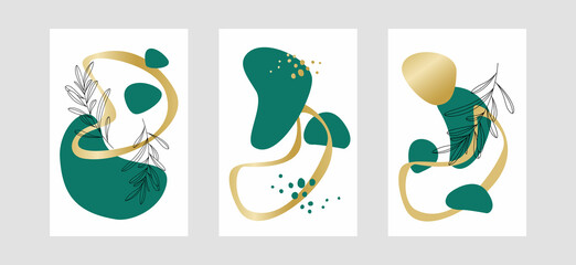 Set of minimalist illustrations. Posters with decorative branches and abstract color spots. For poster, postcard, brochure, cover design.
