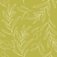 Seamless pattern with olives on branch. Modern floral Background.