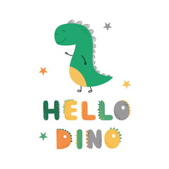 A poster with a cute dinosaur. A card for children. Vector illustration. Hello Dino