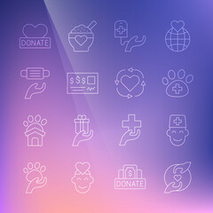 Set line Pleasant relationship, Male doctor, Veterinary clinic, Blood donation, Bank check, Medical protective mask, Donation and charity and Volunteer icon. Vector