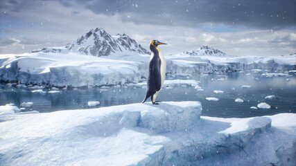 An emperor penguin stands in the middle of a snowstorm on a glacier and admires the sea. Huge high...