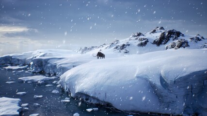 A huge mammoth is walking along a snow-covered glacier. Huge high glaciers in winter natural conditions. Arctic winter landscape. 3D Rendering. - obrazy, fototapety, plakaty