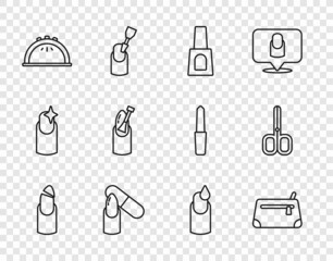 Set line Broken nail, Cosmetic bag, Bottle of polish, Nail file, Manicure lamp, manicure, and scissors icon. Vector