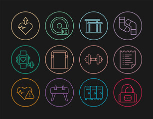 Set line Sport bag, training program, Uneven bars, horizontal, Smart watch with heart, Heartbeat increase, Dumbbell and Weight plate icon. Vector