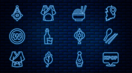 Set line K-pop, Food chopsticks, Asian noodles in bowl, Soju bottle, South Korean won coin, lantern, and Kimono icon. Vector