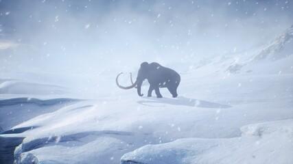 A huge mammoth is walking along a snow-covered glacier. Huge high glaciers in winter natural conditions. Arctic winter landscape. 3D Rendering. - obrazy, fototapety, plakaty