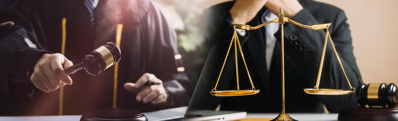 Business and lawyers discussing contract papers with brass scale on desk in office. Law, legal...