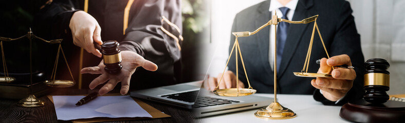 Business and lawyers discussing contract papers with brass scale on desk in office. Law, legal...