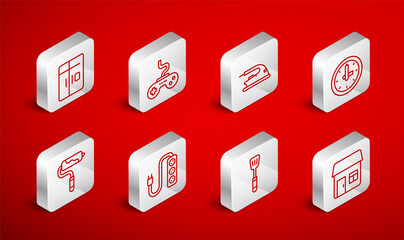 Set line House, Gamepad, Electric iron, Clock, Spatula, Refrigerator, extension and Paint roller brush icon. Vector