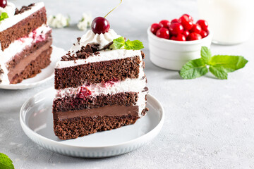A delicious slice of Black Forrest Cake. On a plate and ready to eat, copy space