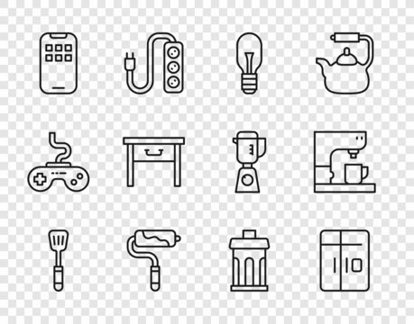 Set line Spatula, Refrigerator, Light bulb, Paint roller brush, Mobile Apps, Furniture nightstand, Trash can and Coffee machine icon. Vector